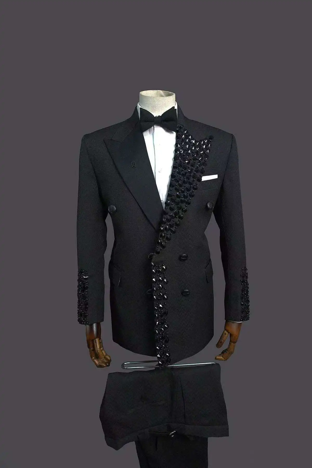 

Black Groom Men Suit Set 2 Pcs Blazer+Pants Trousers Luxury Crystals Wedding Tuxedo Formal Office Jacket Coat Customized