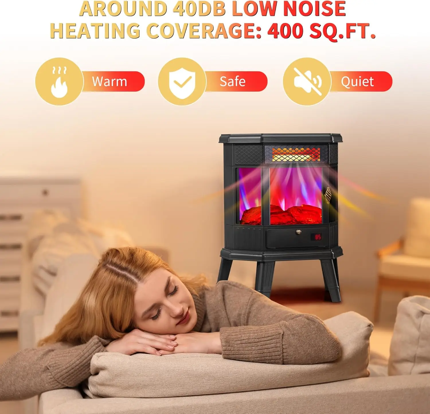 Electric Fireplace Heater 22' Freestanding Infrared Quartz Fireplace with 3D Flame Effect, Remote Control, Timer, Overheat Prote