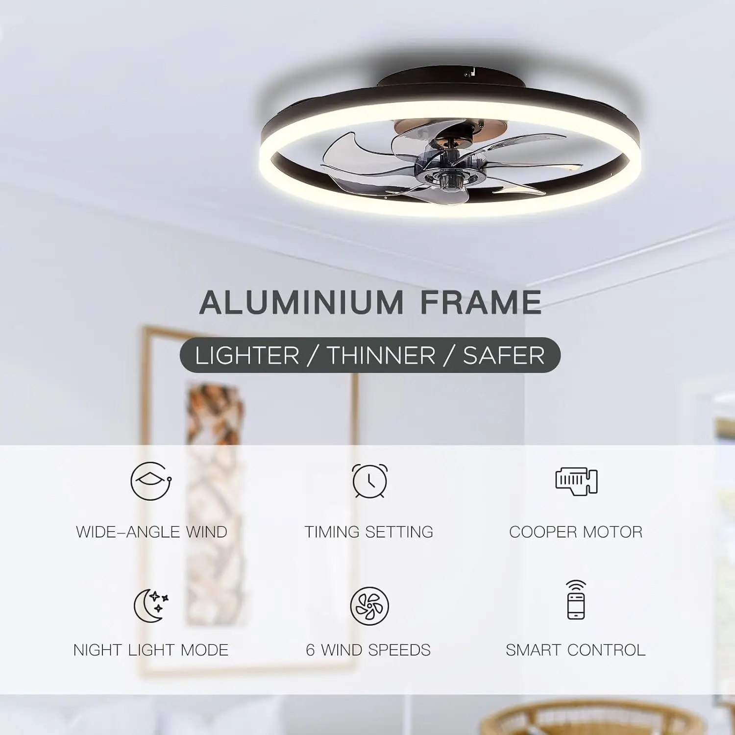 Ventilatore da soffitto moderno a basso profilo Sterren 20 ''con luce, ventilatore da soffitto a Led per camera da letto con telecomando, montaggio a incasso senza lama