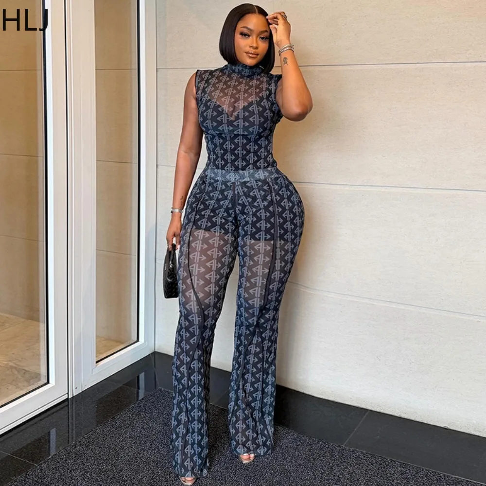 HLJ Y2K Sheer Mesh Print Two Piece Set Women Sleeveless High Neck Top + Flare Leg Pants Night Club Streetwear Matching Outfit