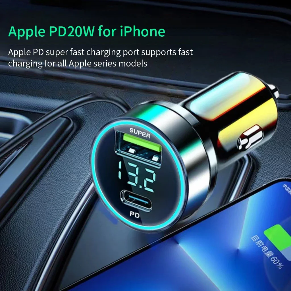 Pengisi daya cepat mobil 240W, adaptor 2 port USB untuk IPhone Samsung Xiaomi pengisi daya cepat dengan tampilan Digital