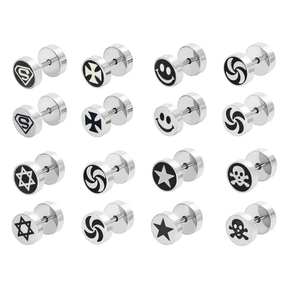 Stainless Steel Barbell Dumbbell Studs Earrings For Men Women Punk Gothic Pattern Earrings Fashion Piercing Jewelry Wholesale