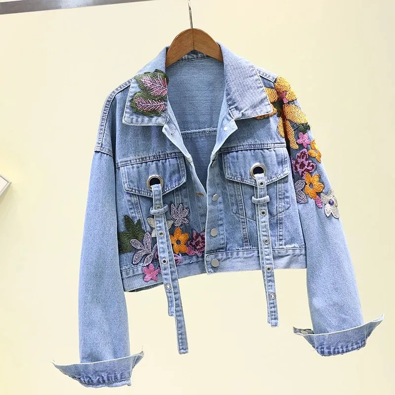 Imagem -03 - Outono Denim Jaqueta Feminina Flores Bordados Lantejoulas Jeans Cabolsa Solto Manga Longa Casual Estudante Roupas Curtas Streetwear H302