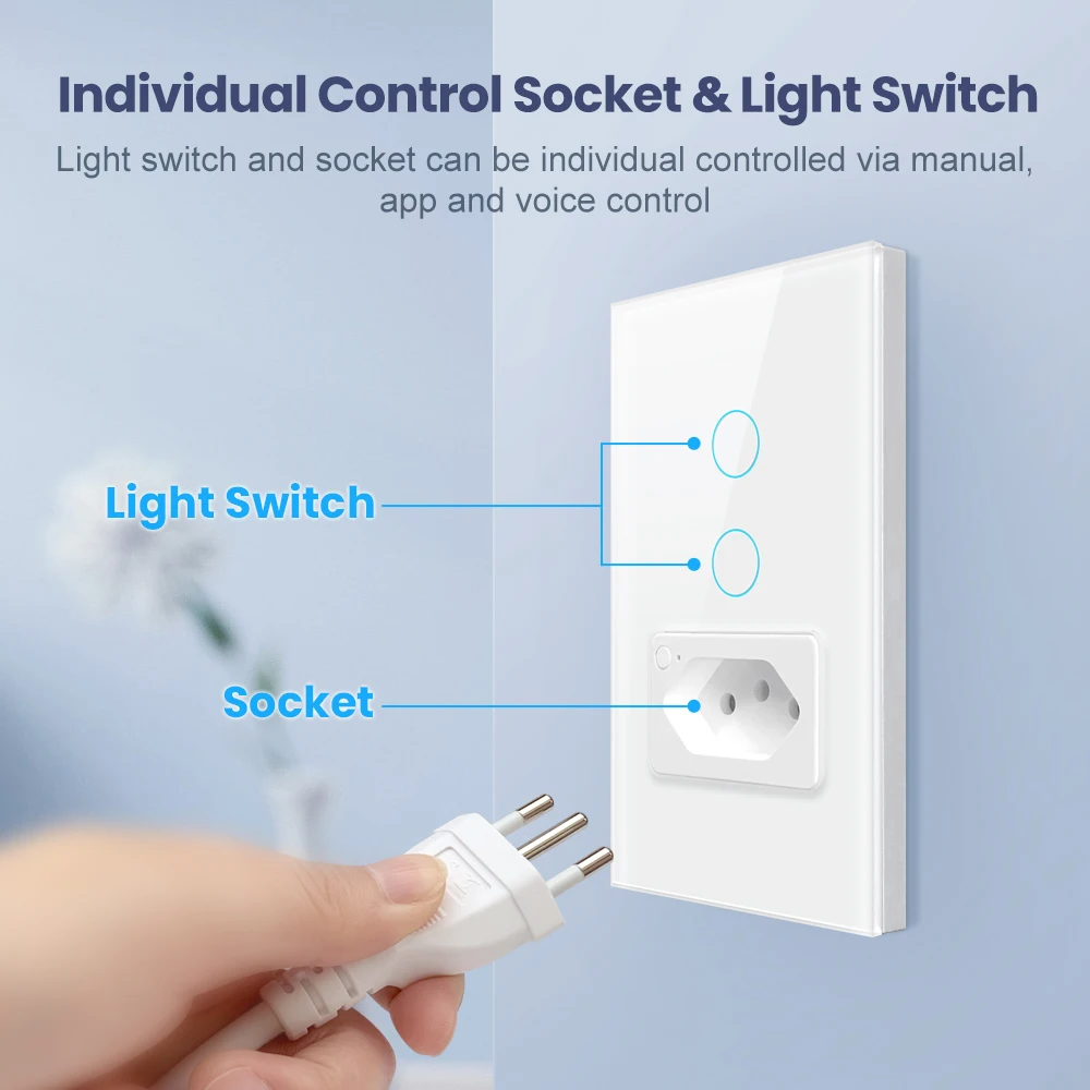 AVATTO WiFi/Zigbee Smart Wall Light Switch & Socket Brazil Standard 4X2 Glass Panel Light Switch,Work For Alexa Google Home