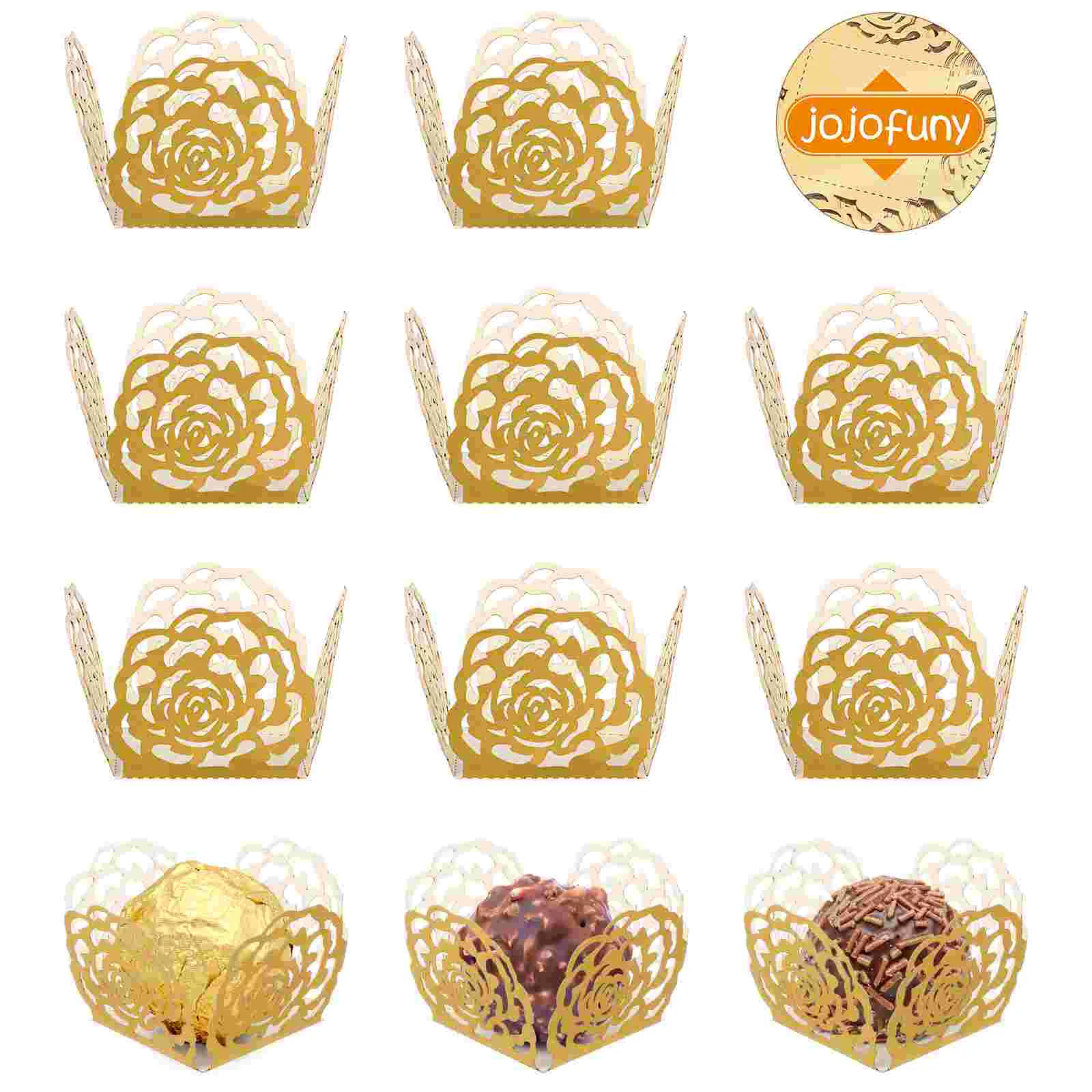 50 Pcs Gold Foil Jojofuny Chocolate Trays Hollow Rose Edges Wedding Party Decorations Truffle Wrappers Paper Candy Cups