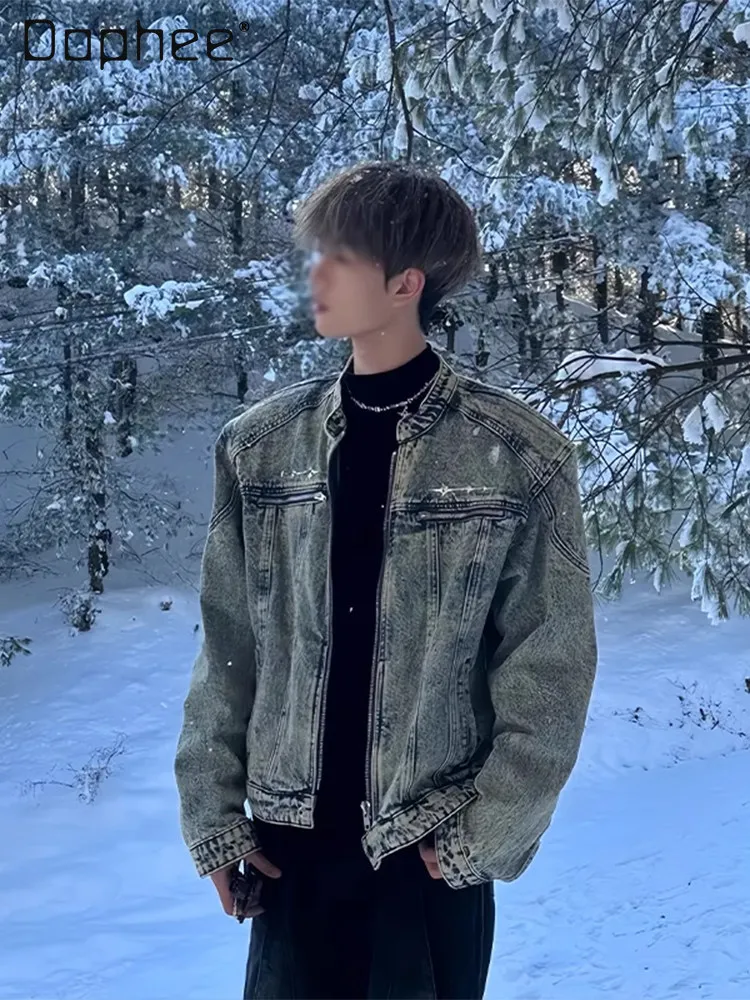 

Spring Autumn American Style High-End Motorcycle Stylish Short Black Denim Jacket Men's Blue Casual Fleece-Lined Denim Jacket