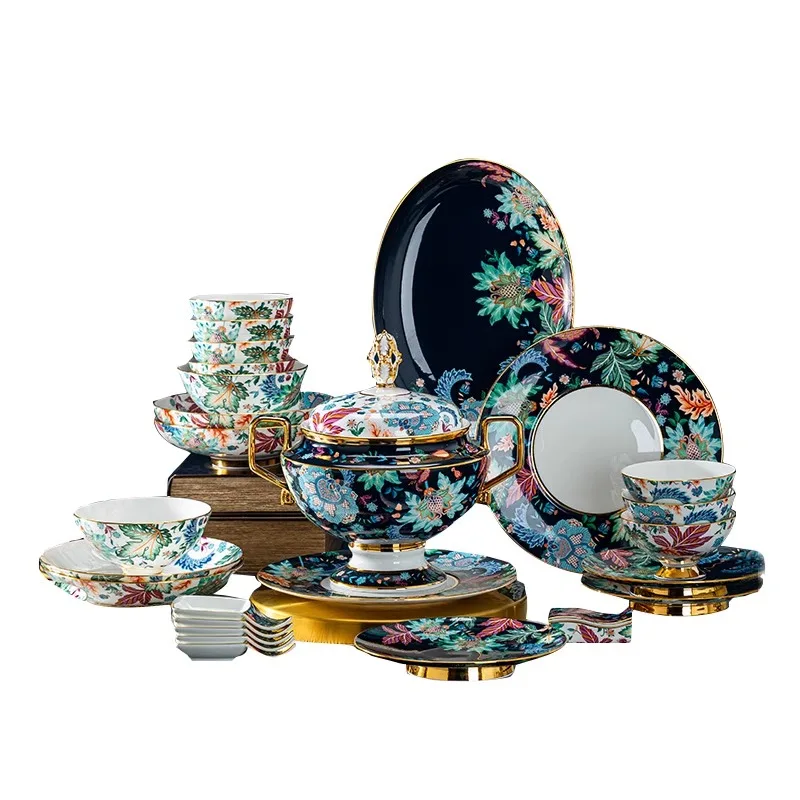 Ceramic tableware set Chinese bowls and plates Household bone high-end plates and dishes gift combination