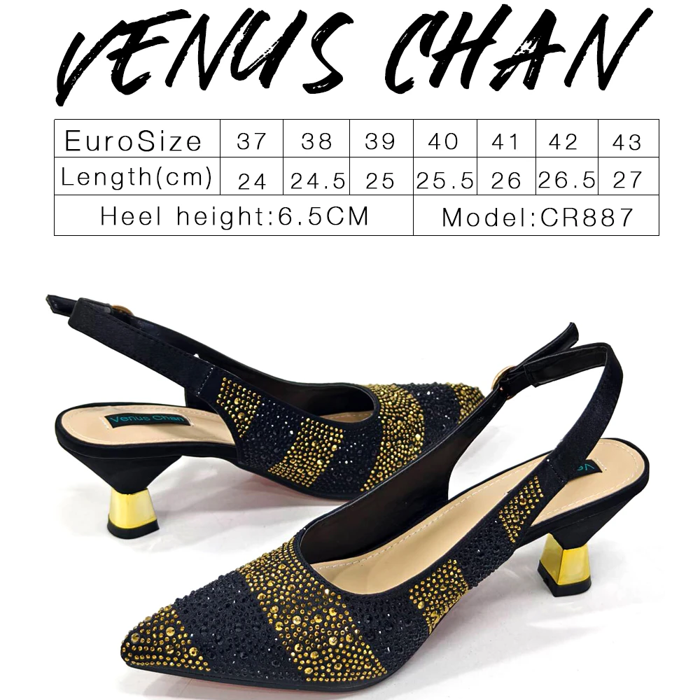 Venus Chan- Elegant High Heels Shoes and Bag Set for Women Pointed Toe Black Color Hollow Rhinestones Matching Bag INS 2024