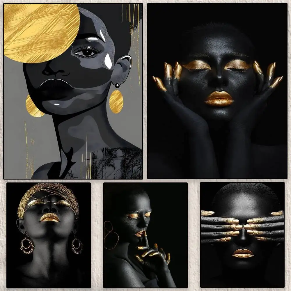 African Art Black And Gold Woman Oil Painting Poster Modern Waterproof HD Wall Art Decal Self-Adhesive Aesthetic Decor for Home