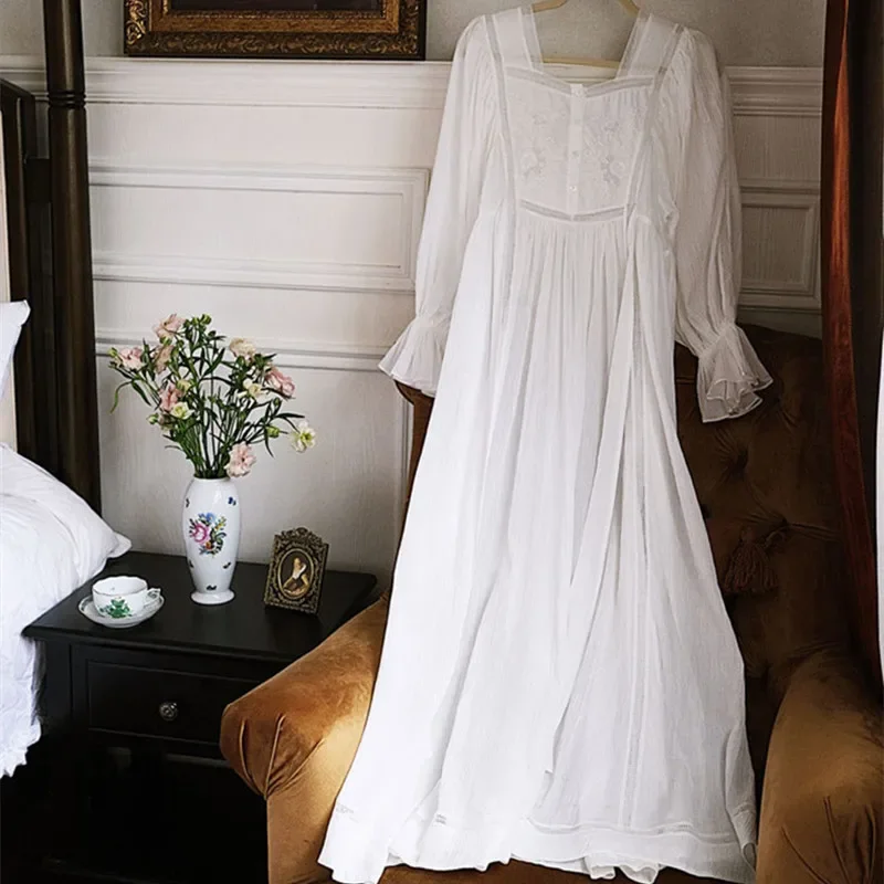 Women 100% Cotton Long White Nightdress Lace Square Collar Full Sleeves Ankle-Length Nightie Loose Victoria Vintage Nightgowns