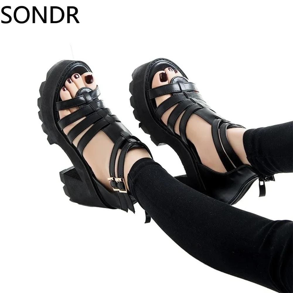 Womens Roman Buckle Strap Cut Out Chunky Heels Platform Punk Black Sandals Zip Roma Shoes Roman Gladiator