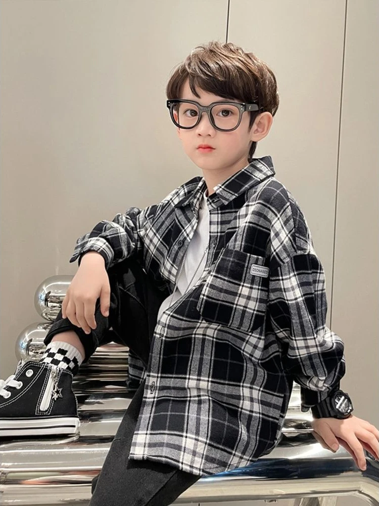 2026 New Boys Plaid Shirt Spring Autumn Kids Casual Button Down Collared Tops Korean Style Children Long Sleeve Clothing
