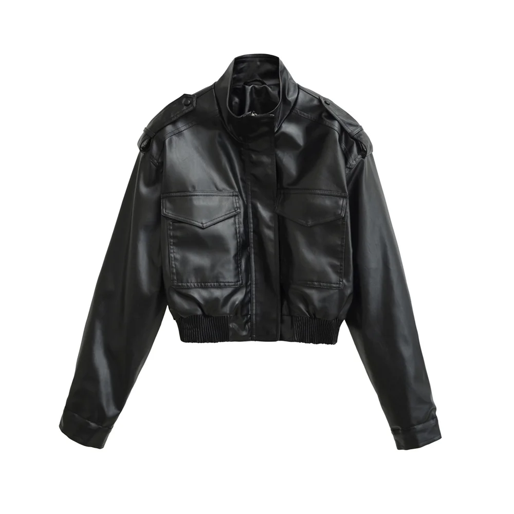Outono novo estilo casual feminino moda PU imitação de couro gola manga comprida jaqueta de couro slim fit jaqueta curta
