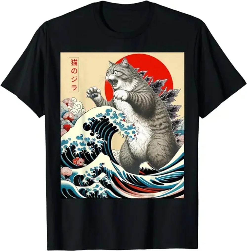 

CX Catzilla Cat Japanese Art Funny Gifts for Men Women High Quality O-Neck Short Sleeves 100% Cotton T-Shirt Tops