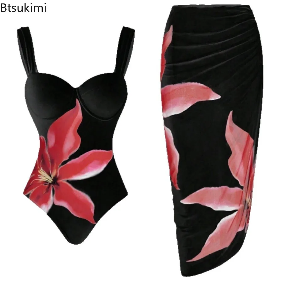 Women's One Piece Swimsuit Floral Printed Style Slim Fit Sexy Beach Skirt Bikini Sets Hot Spring Swimwear Set Bathing Suit New