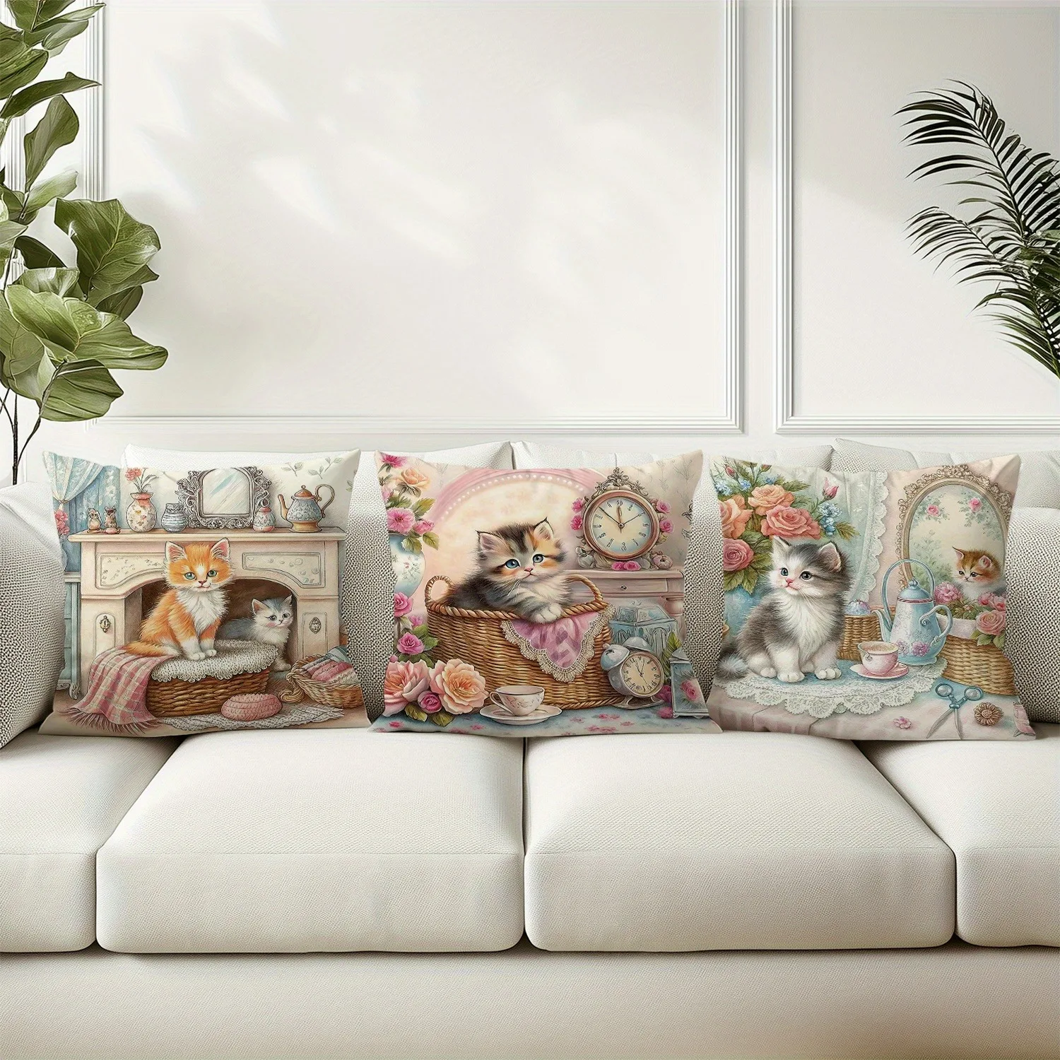 Vintage Style Kitten Tea Time Pillow Covers Living Room Sofa Cushion Cover Soft And Comfortable Bedroom Room Decoration