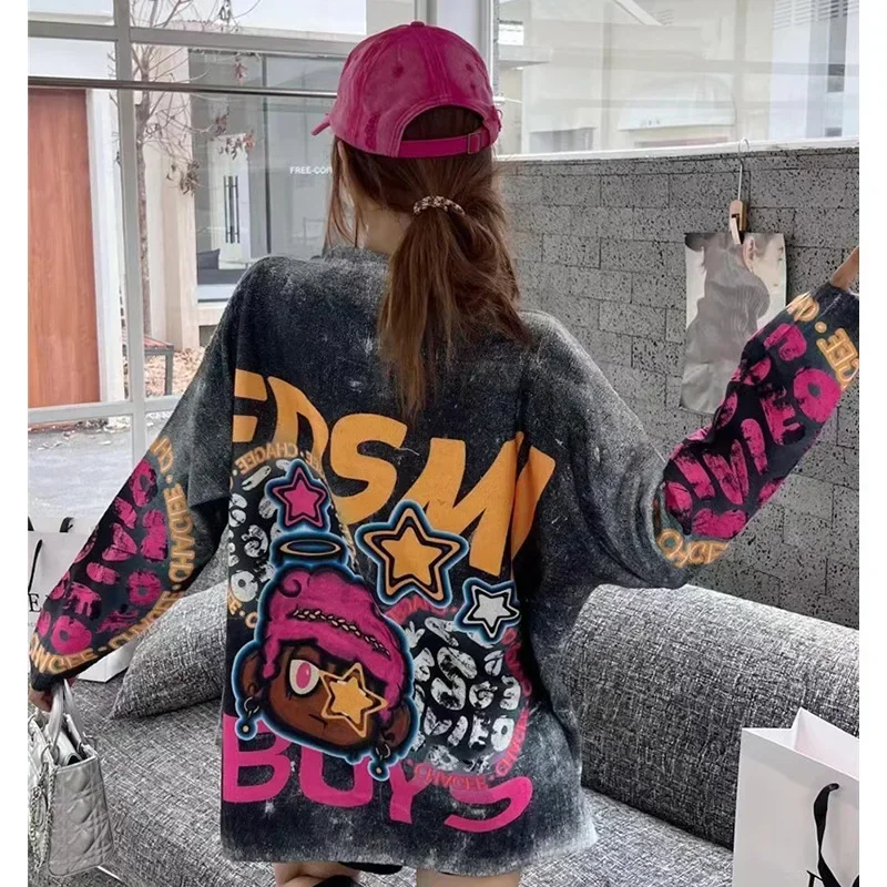 Cartoon Pattern Diamonds Sweater Women Pullovers Fashion Printed Autumn Winter Vintage Clothes Loose Casual Long Sleeve Hoodies