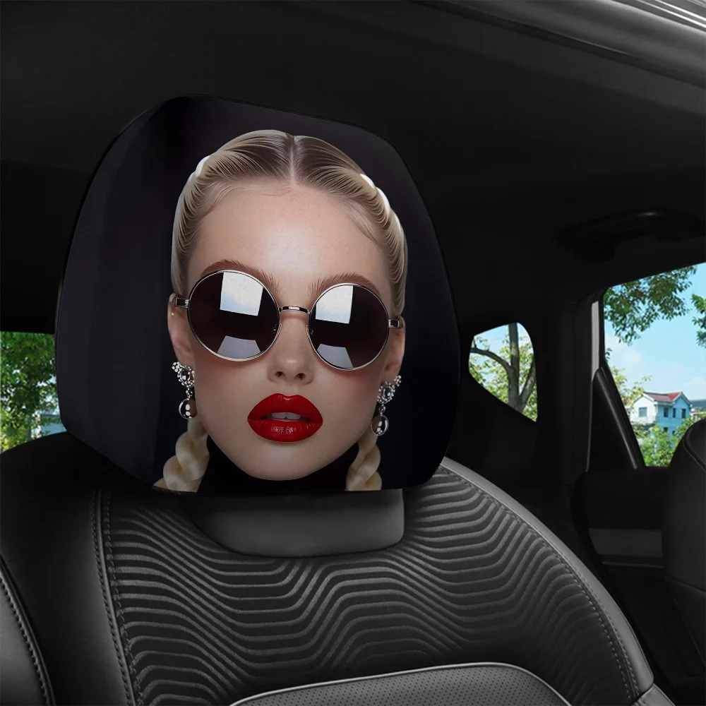2pcs, Vintage Glasses with Red-Lipped Lady Print Car Headrest Covers, Interior Decoration, Easy to Install And Wash