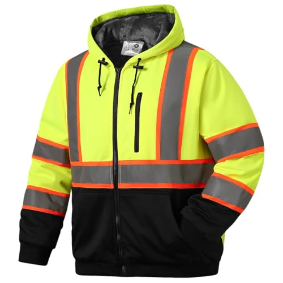 

Hi Vis Work Safety Hoodie for Men - Class 3 High Visibility Reflective Hoodie Fleece Lined Reflective Hooded High Vis Zipper Ja
