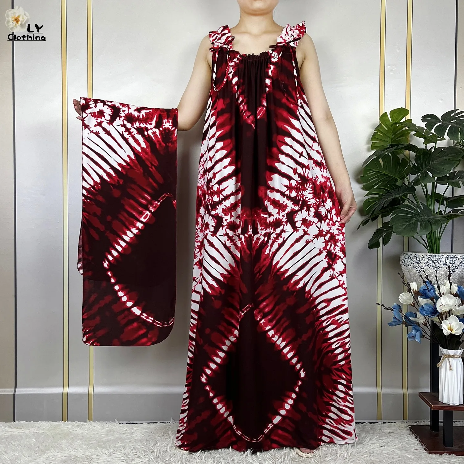 2023 New African Summer Vest Sleeveless Boat Neck Loose Dress Tie Dye Pure Cotton Boubou Maxi Dubai Islam Women Abaya Clothing