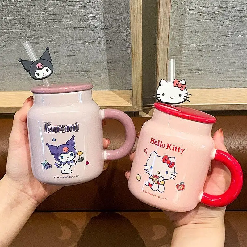 

Kawaii Sanrio Hello Kitty Kuromi мультяшная чашка для воды Cinnamoroll кружка для девочек домашняя милая чашка с крышкой мультяшная офисная керамическая соломинка