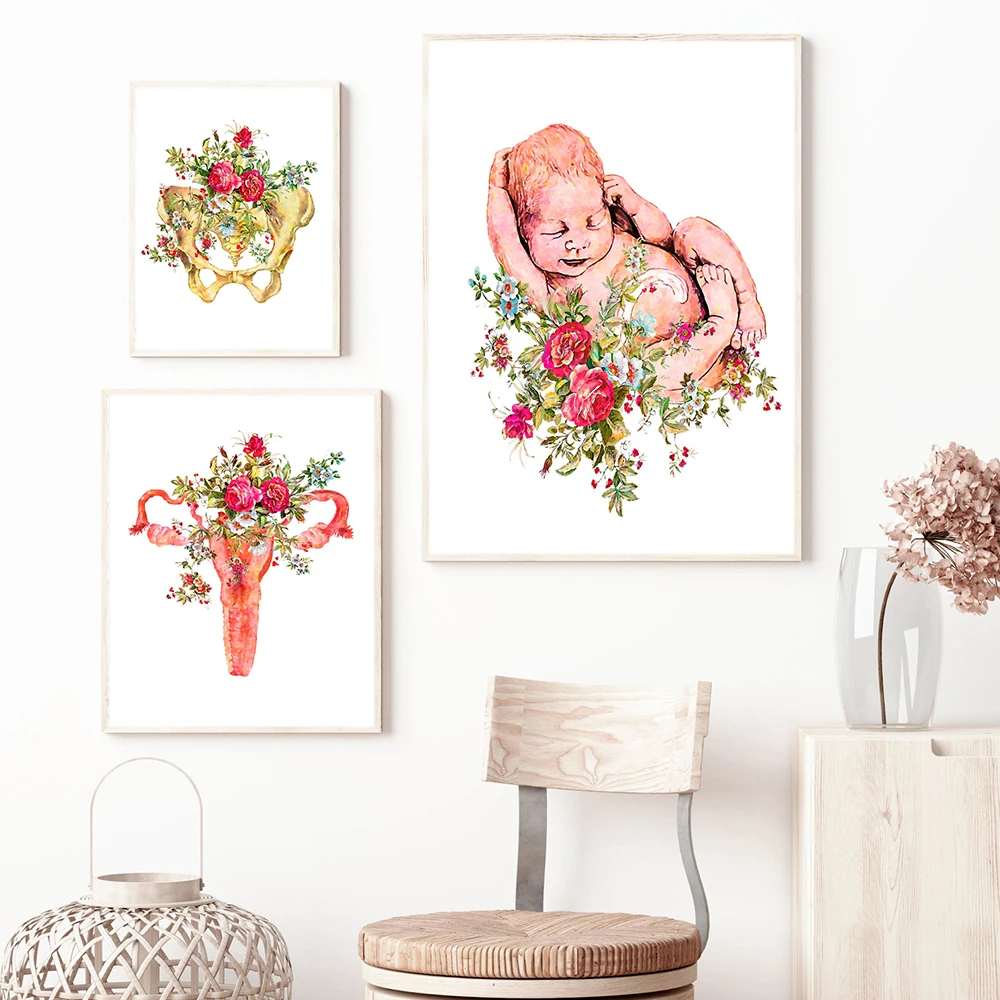 Pregnancy Art Prints Newborn Anatomical Female Uterus Pelvis and Flowers Canvas Poster Medical Decor Pictures Baby Midwife Gift