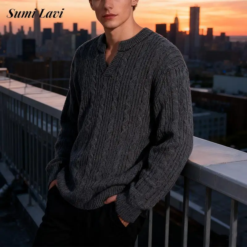 

2026 Spring Autumn New Casual Mens Sweaters Vintage Twist Jacquard Knitted Jumper Men Clothes Fashion Long Sleeve V Neck Sweater