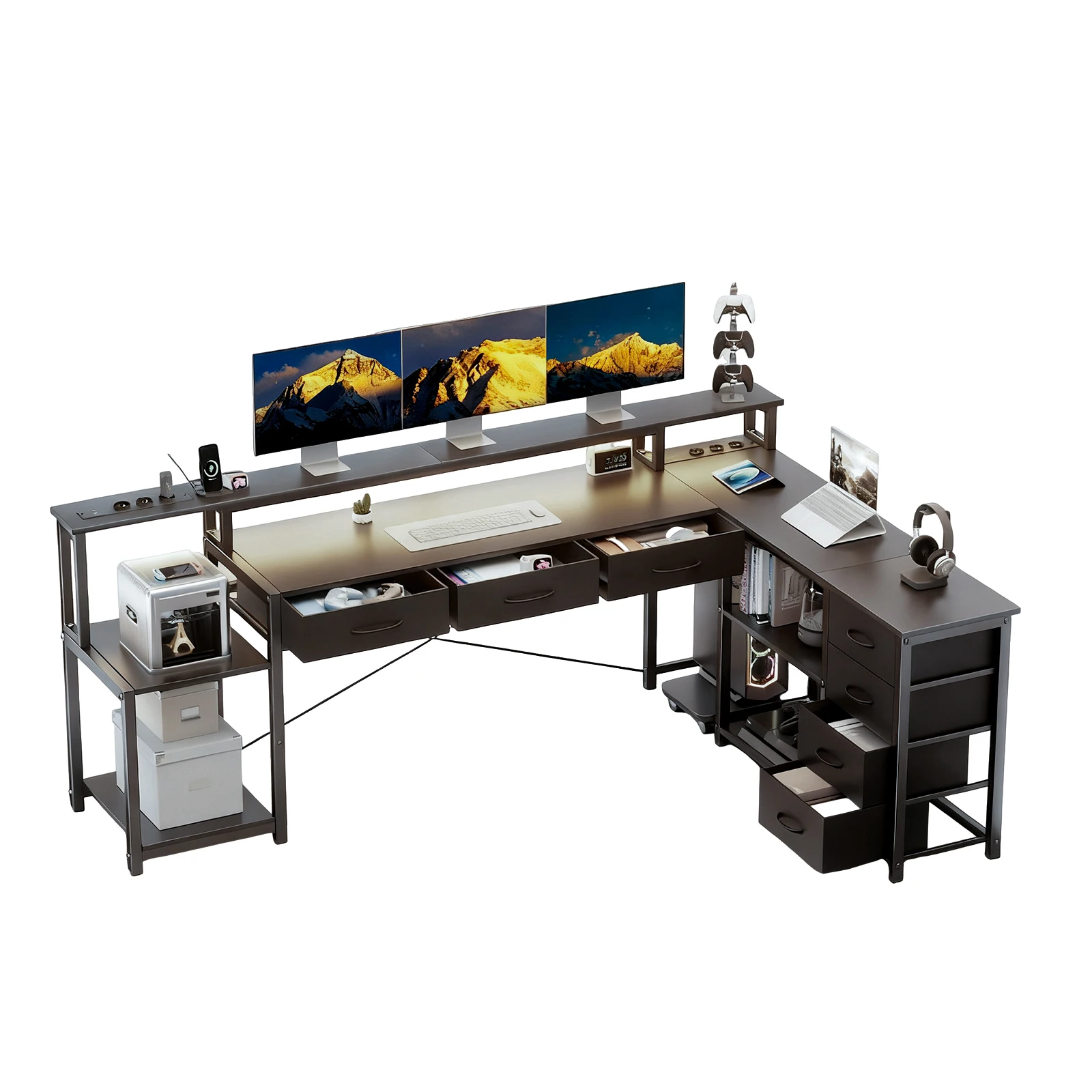 200 cm L-vormig bureau met LED-verlichting en oplaadstation, groot hoekbureau met 7 opbergvakken, zwart