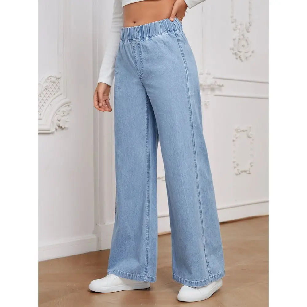 Mens Loose Denim Trousers Wide Leg Straight Fit Pants Elastic Waist Casual Comfort Fashion Daily Streetwear Blue Wash