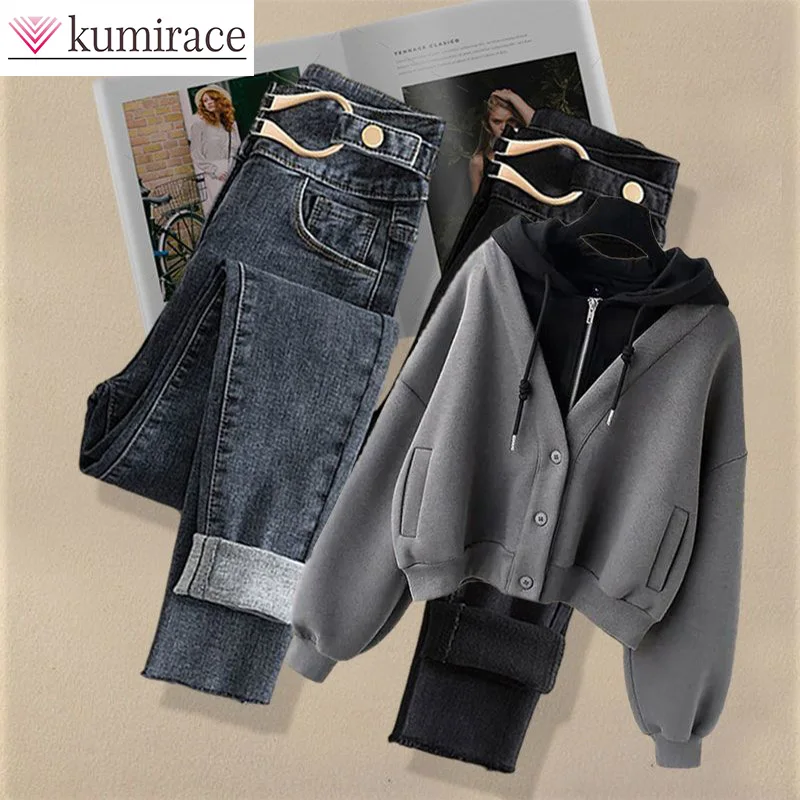 Autumn/Winter Set Women\'s 2024 New Hepburn Style Fake Two Piece Hooded Loose Sweater Slimming Jeans Two Piece Setwinter Clothes