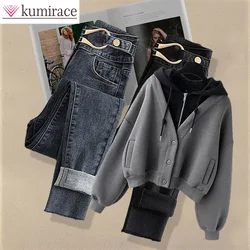 Autumn/Winter Set Women's 2024 New Hepburn Style Fake Two Piece Hooded Loose Sweater Slimming Jeans Two Piece Setwinter Clothes