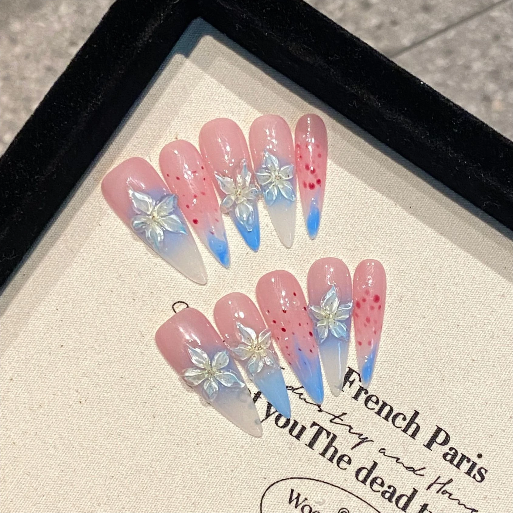 10Pcs Long Almond Handmade Press On Nails Full Cover 3D Flower Design Gradient Clear False Nails Wearable Manicure Nail Tips Art