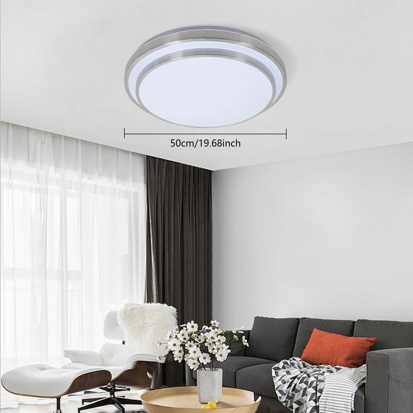 Ceiling Lights with LED, White & Silver, Remote Control, Adjustable Brightness, Stylish Double-Layer Design for Living Room