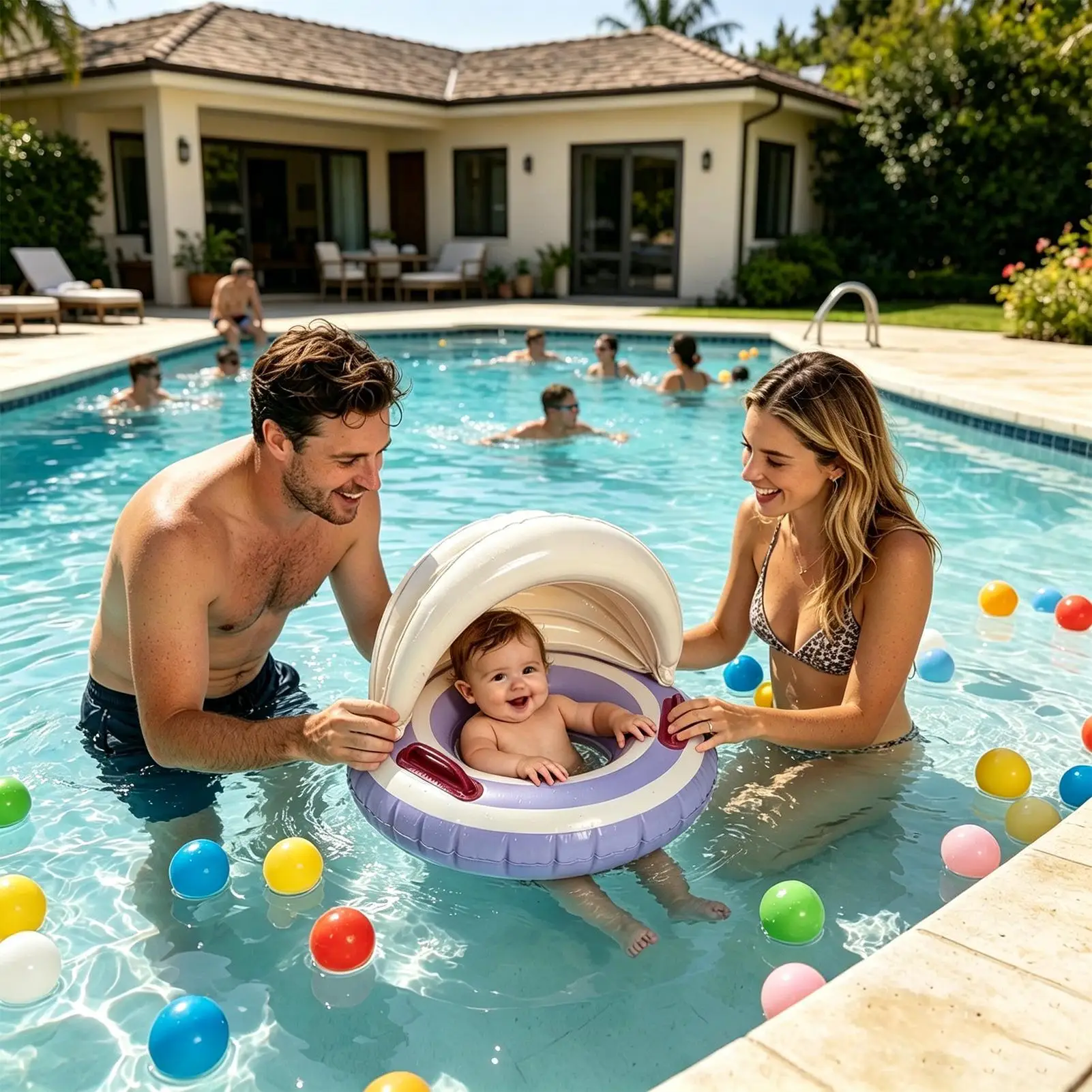 

Pool Float With Shade Leak-Proof PVC Anti-Tip Blow Up Pool Float With Canopy For Lake Lounging Beach Games Water Party Festive