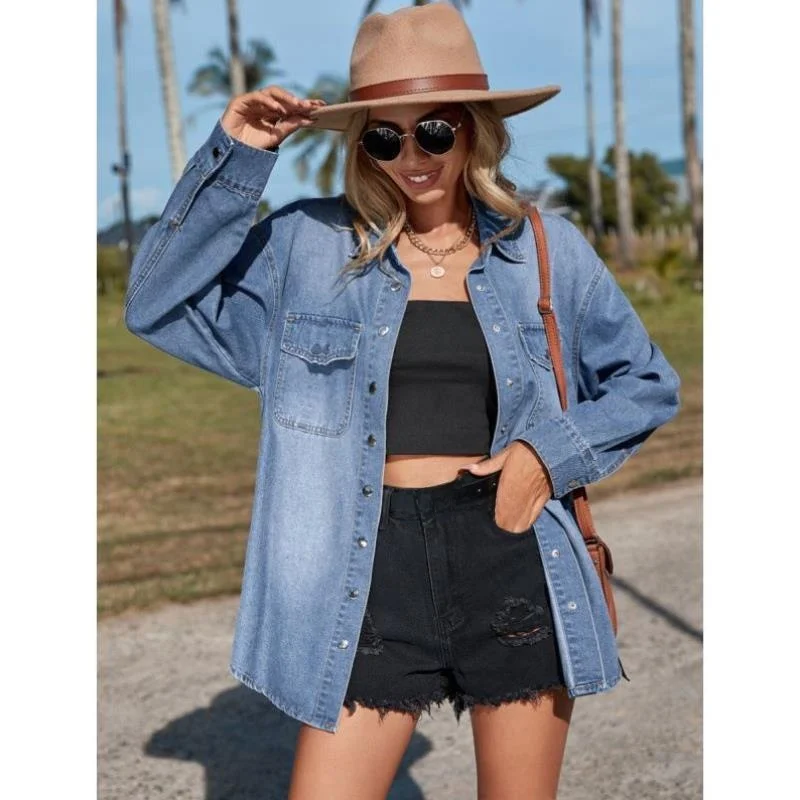 طقم دينم جديد عبر الحدود من قماش الدنيم المترهل irt للنساء Faion ort Sve Fce مبطن بطول الكتف irt #5