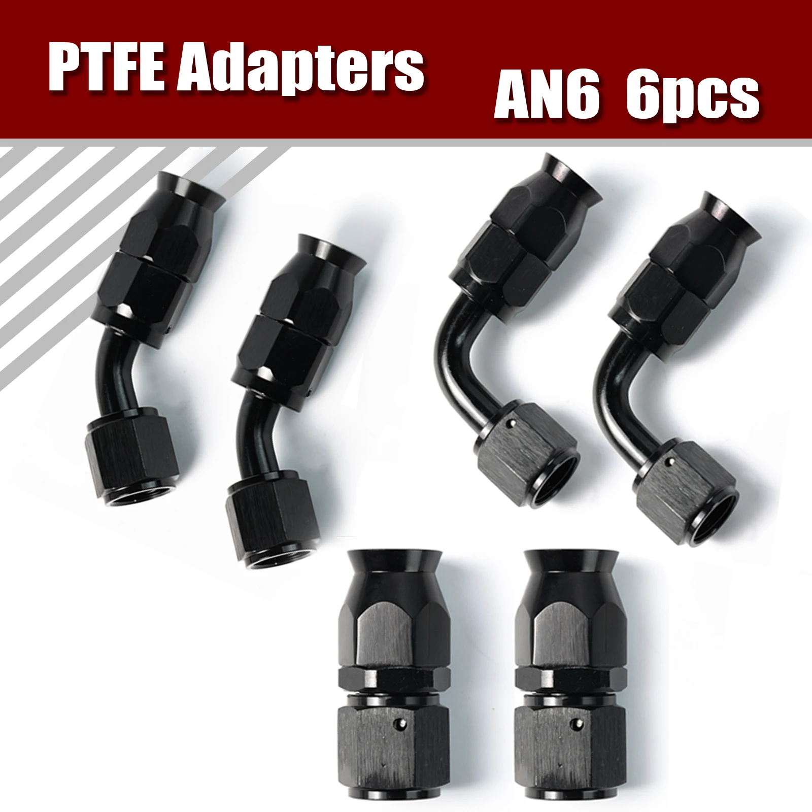 Black Pipe Connector Reusable PTFE Swivel Hose End Fittings AN6 0°/45°/90° Adapters for Automotive Oil Fuel Line Systems 6Pcs