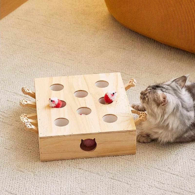 ‌Whack-a-Mole Cat Toy, Wooden Cat Teaser Wand, Self-Entertainment Cat Toy with Bells, Realistic Plush Interactive Kitten Toy