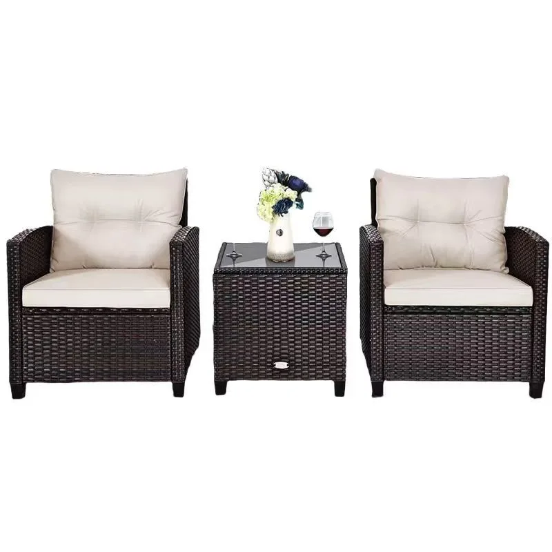 Three-person outdoor courtyard waterproof and sunscreen rattan bamboo and rattan chair combination