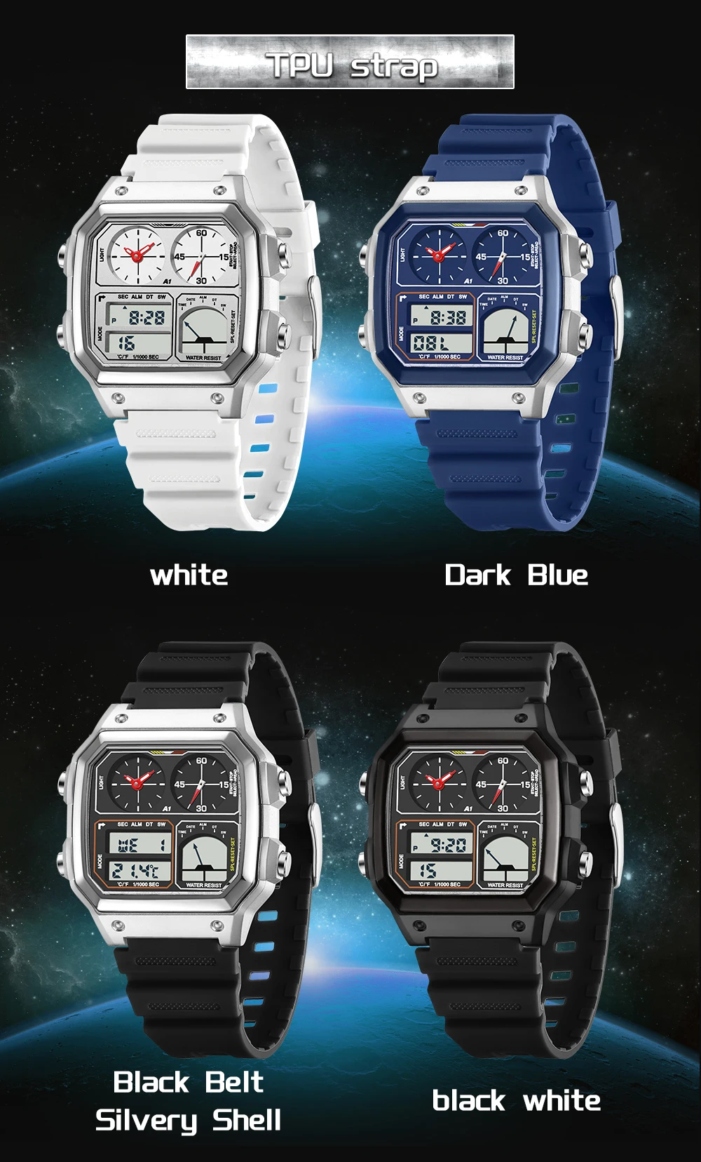 SANDA جديد 6257 ساعة الطالب TEMU متعددة الوظائف قياس درجة الحرارة ساعة مربعة موضة رياضية مربع 2025 #6