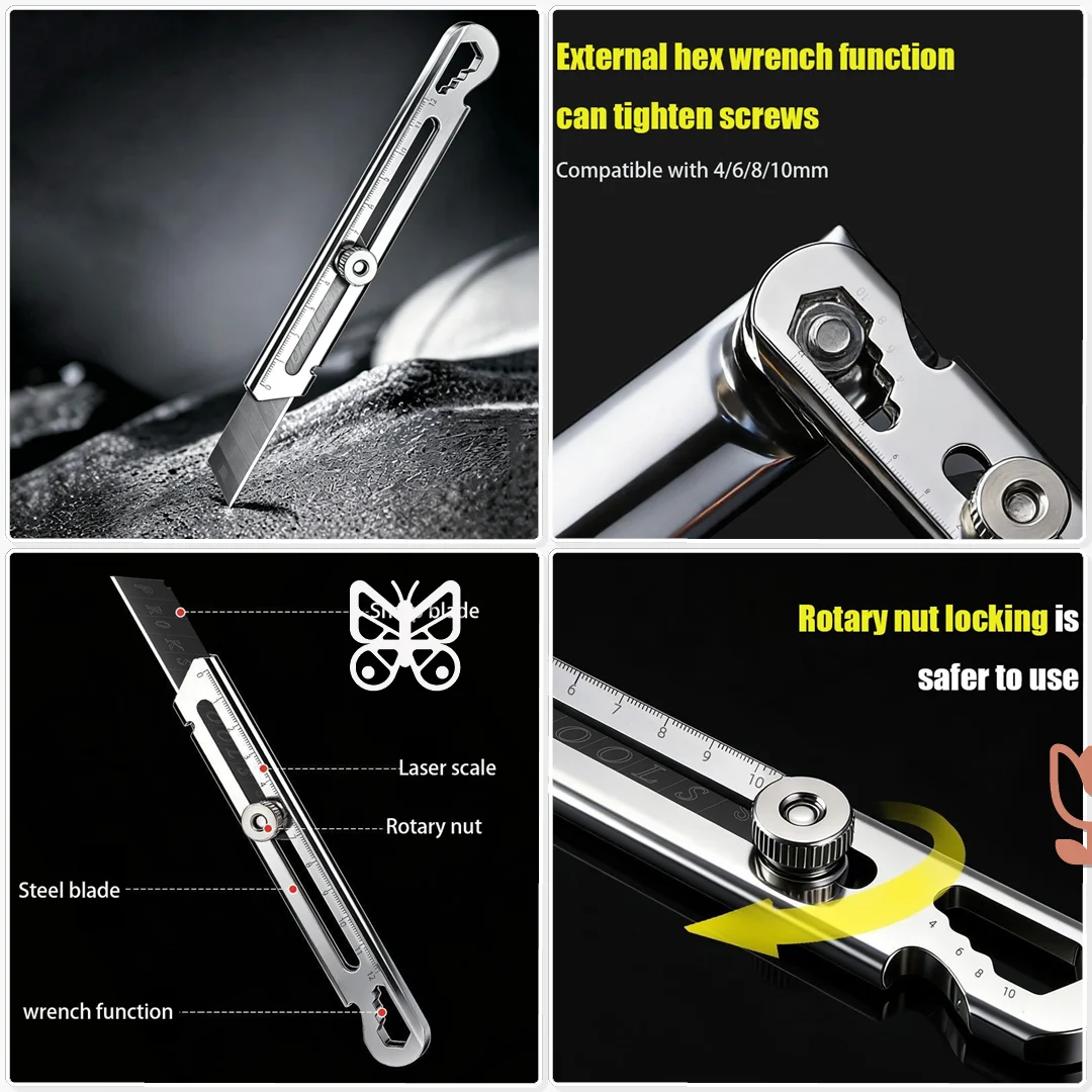 6 in 1 Stainless Steel Utility Knife Thickened Metal Holder Wallpaper Cutter Floor Mat Rubber Pad Cutting Heavy Duty