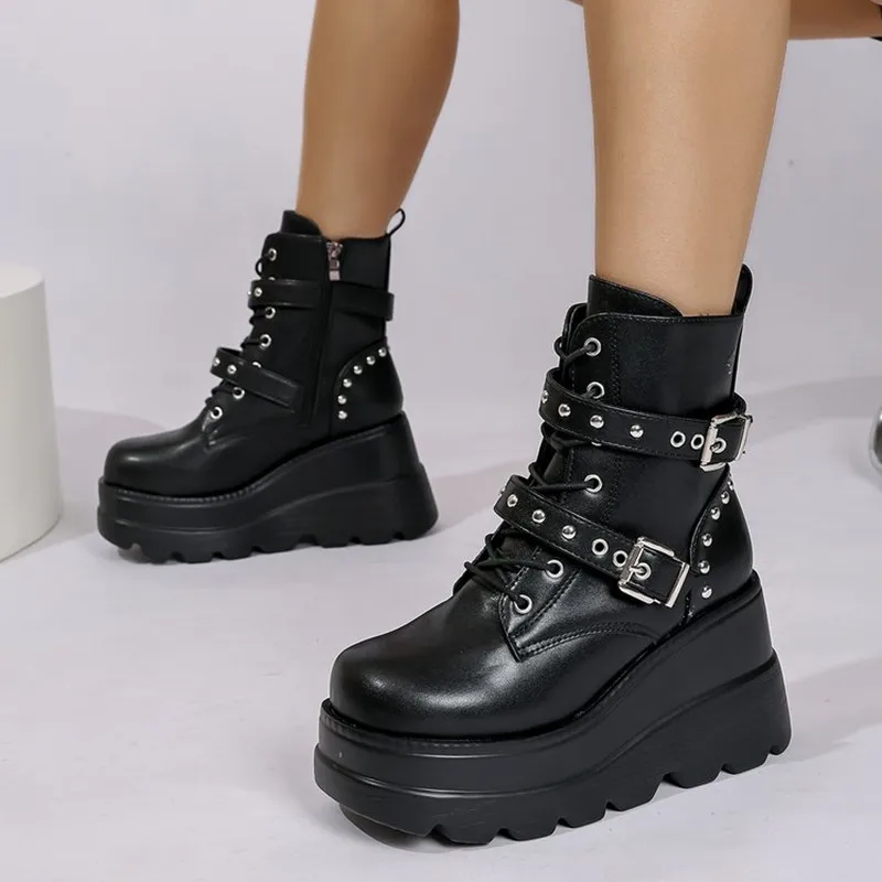 

Women Leather Ankle Booties Woman 2026 New Autumn Winter Round Toe Lace Up Shoes Woman Motorcycle Platform Gothic Boots Cosplay