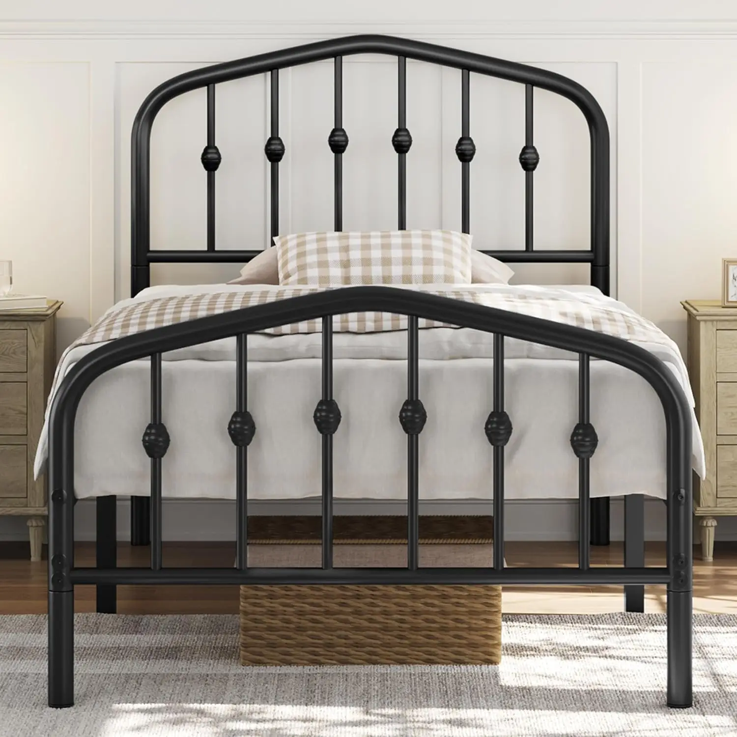 

Twin Metal Bed Frame with Victorian Headboard, No Box Spring Needed, Easy Assembly, Black