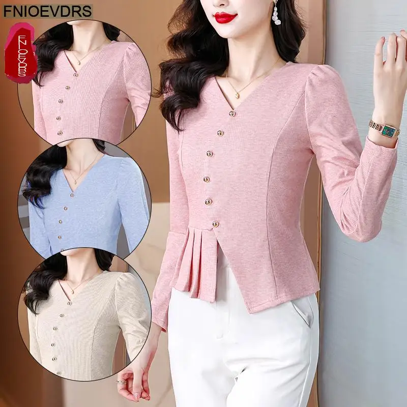 오피스 레이디 셔츠, 기본 착용, 긴 소매 단추 술 프릴 셔츠, 페플럼 탑 블라우스, 프랑스 디자인, 2025 용수철