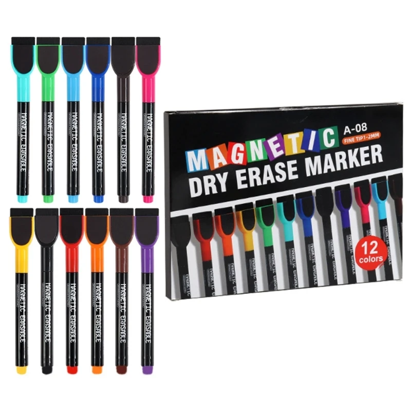 12 Color Marker Pen for Whiteboards, Pin Board, Flipchart Marker Erasable Whiteboard Marker with Eraser