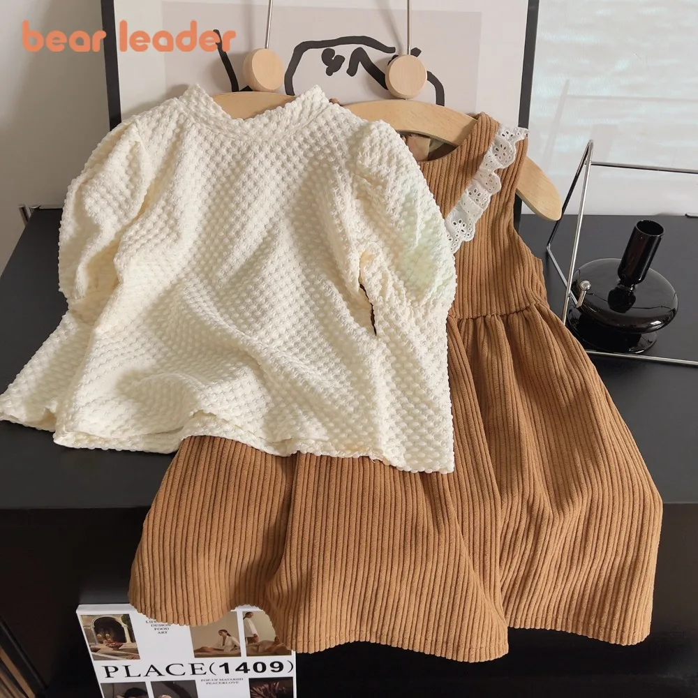 

Bear Leader Fashionable and Simple Autumn Girl Clothes Round Neck Bubble Sleeve White Bottom Shirt+Lace Vest Dress 2 Piece Set