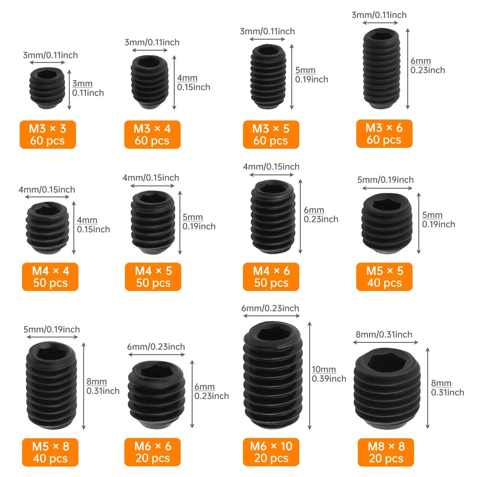 530 Pcs Hex Socket Set Grub Screw Bolt with Hex Wrench 12 Sizes M3 M4 M5 M6 M8 Alloy Steel Grub Screws Assortment Kit Set