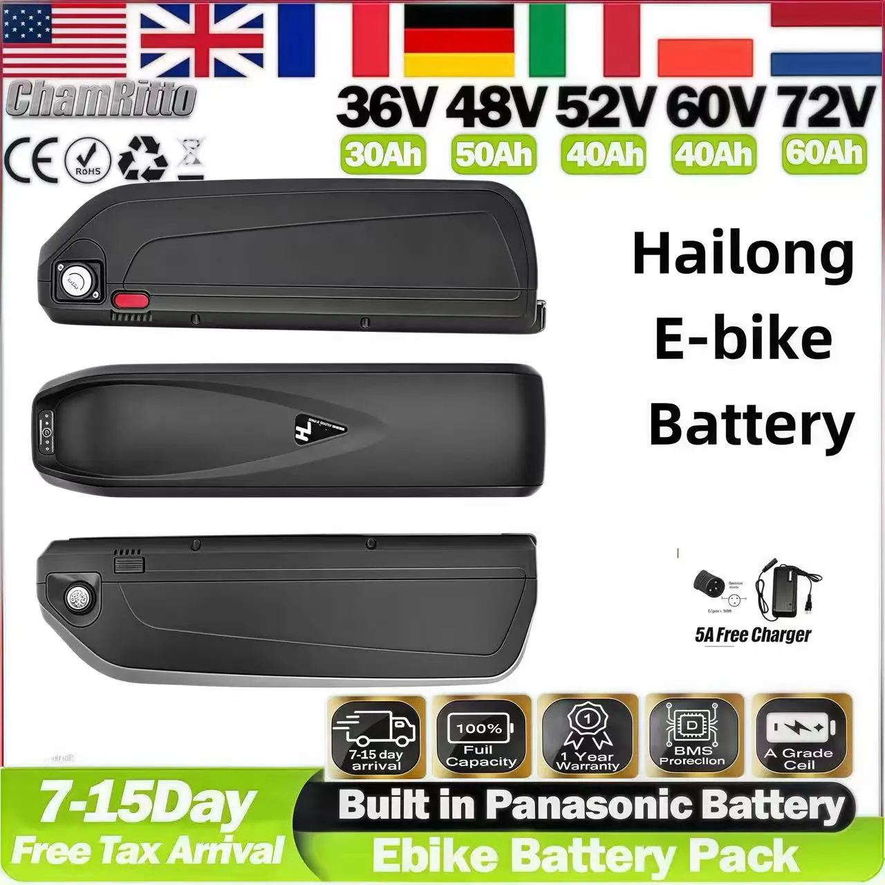 

Аккумулятор Hailong 24-72В, 20-60Ач для электровелосипедов, 20Ач Cham-rider, 2000Вт