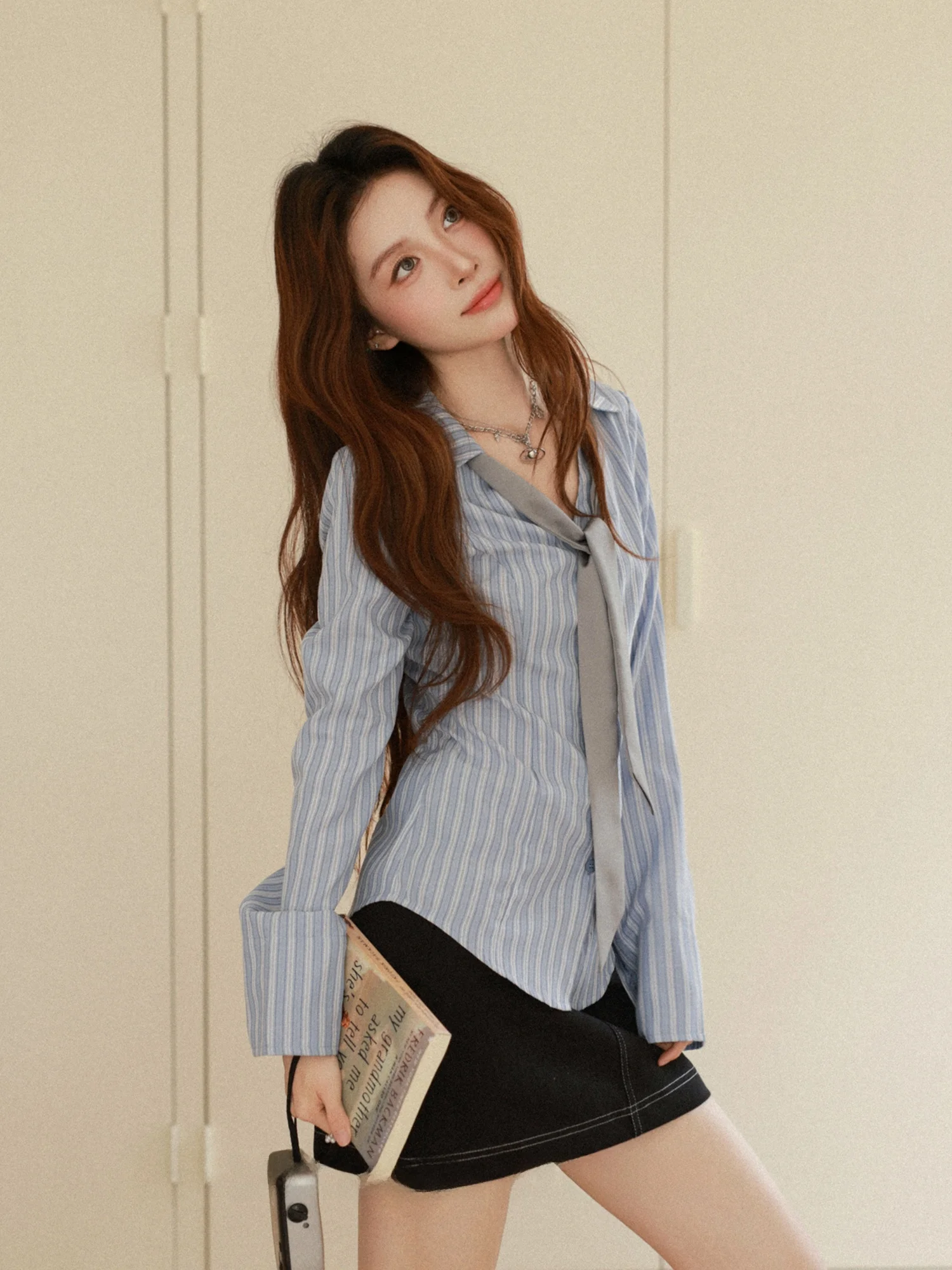 

Slim Fit Striped Shirt Women's Long Sleeve Tie Waist Design Spring New Style College Style Fashion Casual Slimming Effectiveness