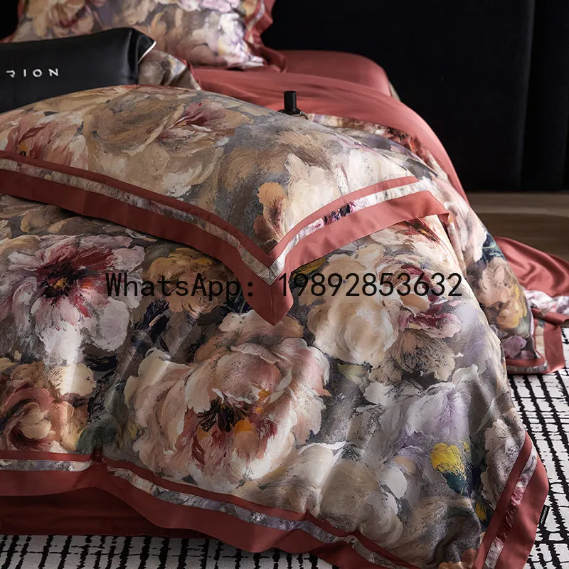 

PYJ retro premium sense tencel cotton satin four-piece set printed dark bed sheet quilt cover