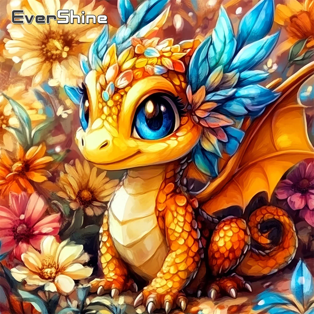 Evershine Diamant-Mosaik Drachen-Stickerei Tier Vollflächiges Strass-Bild Diamantmalerei Gänseblümchen 5D DIY Deko für Zuhause